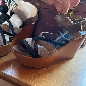 MARNI Black and Brown Wedge Shoes with Geometric Straps size 41 Italian 9US